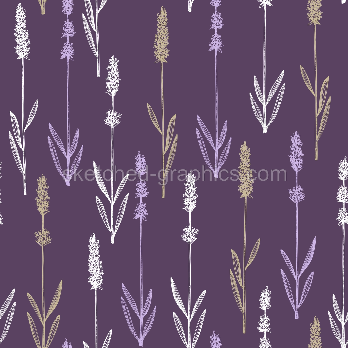 Ink hand drawn lavender backdrop. Vector herbs seamless pattern with lavender sketches. Herbal tea ingredients. Perfect for cosmetic, perfumery packing, fabric, wrapping paper, prints. Illustration